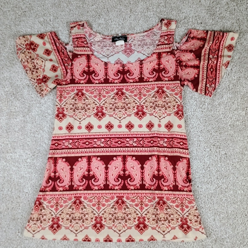 Star Vixen Off Shoulder Paisley Top Size S Red Pink Stretch Made USA Boho Y2K
